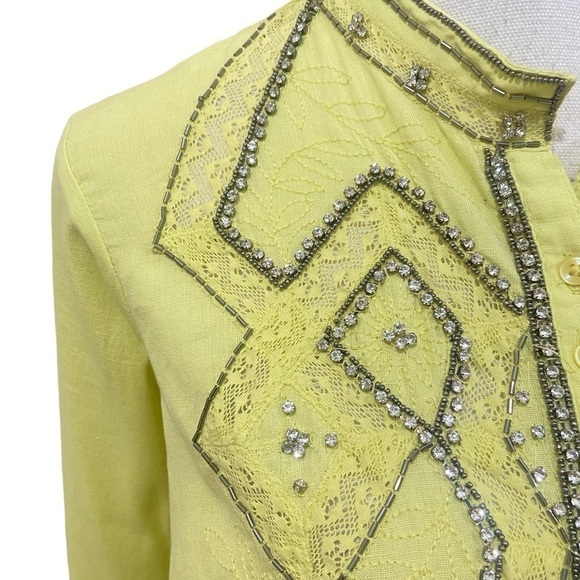 Anthropologie Pilcro Nayeli beaded rhinestone lace linen chartreuse shirt 1x - Picture 6 of 15